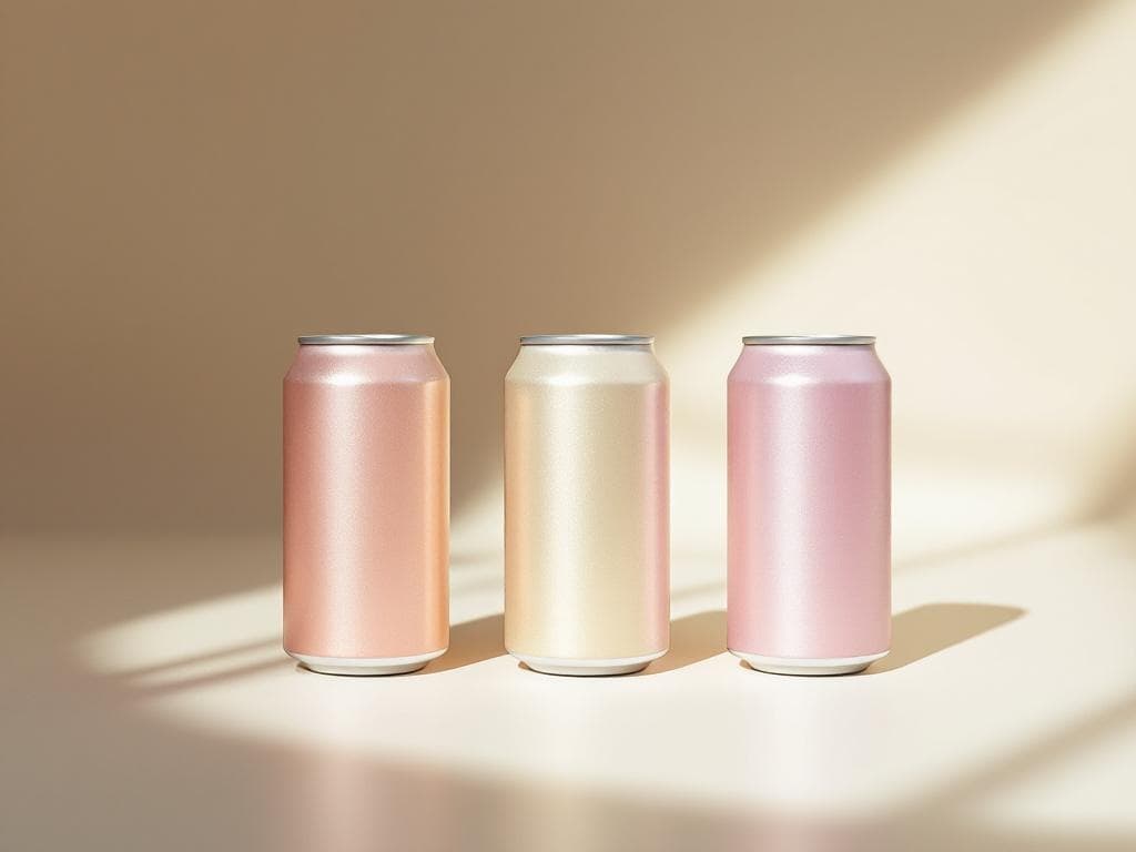 Three unlabeled pastel aluminum cans in peach, cream and pink in soft window light