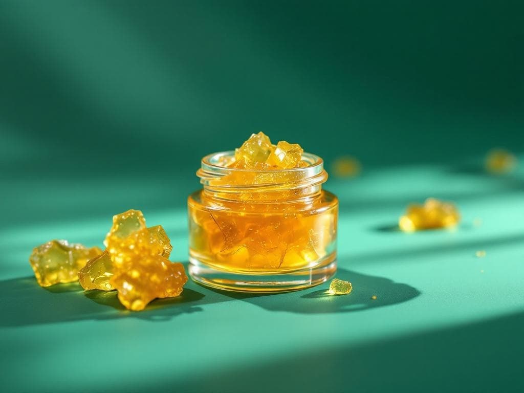 Open glass jar of golden amber concentrate with loose shards beside it on a teal surface